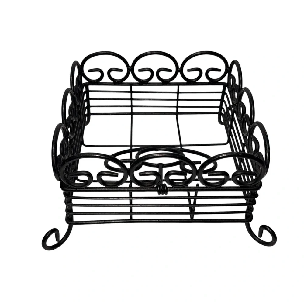 Black Wrought Iron Napkin Holder Square Scrollwork Metal Weighted Arm Farmhouse